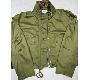 Current Elliott Leopard Corduroy Collar Cropped Military Jacket Olive Sz M